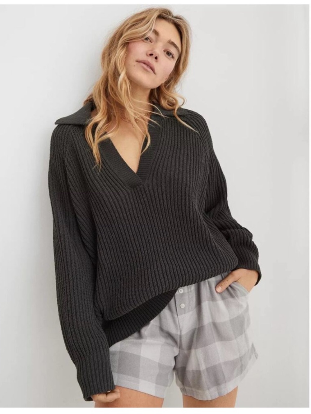 Aerie Sugar Rush Oversized Chunky Chenille Knit Collared Pullover Sweater Small